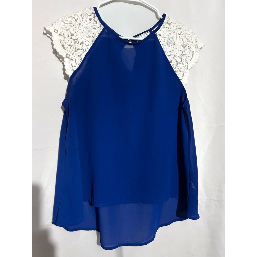 TCEC Blue Sheer Blouse White Lace Cap Sleeves Round Neck Women's M CT3054